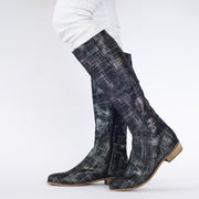 Model wearing Strath Black Multi long boots for long feet