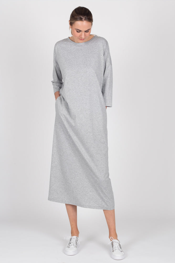 Tall model wearing Lulu Dress Grey Marle, front