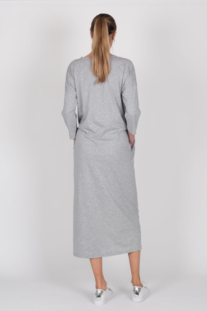 Tall model wearing Lulu Dress Grey Marle, back