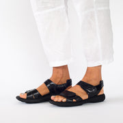 Model wearing Josef Seibel Debra Black sandals. Size 44 women's sandals