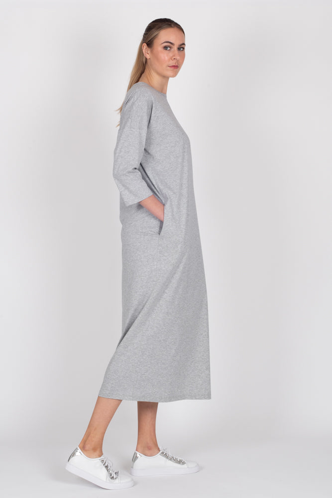 Tall model wearing Lulu Dress Grey Marle, side