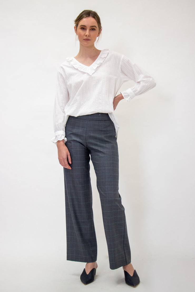 Tall model wearing Celine Pants Grey Check