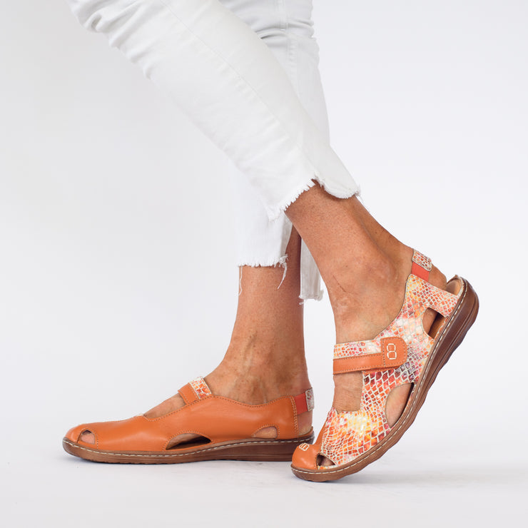 Model wearing Cassini Magician Orange Multi Shoes for long feet. Womens Size 46 shoes
