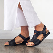 Model wearing Hush Puppies Nizki Black Leather sandals. Size 11 womens sandals