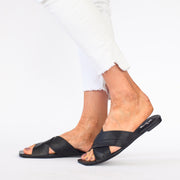 Model wearing Minx Megs Black slides for long feet. Womens Size 42 sandals