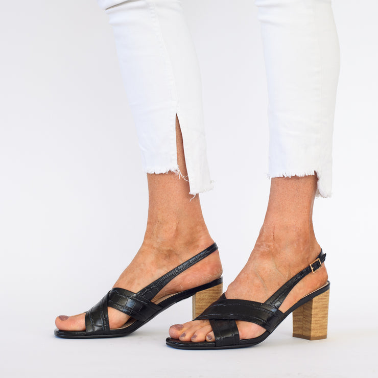 Model wearing Katie N Me Clara 2 in Black Croc Print Leather sandals for long feet. Womens size 43 sandals