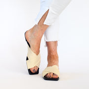 Model wearing Minx Megs Ivory slides. Womens Size 44 sandals
