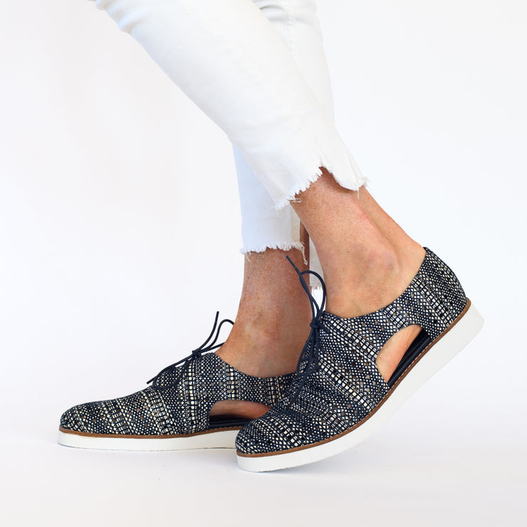 Model wearing Bresley Michel Navy Mix shoes for long feet. Size 44 shoes