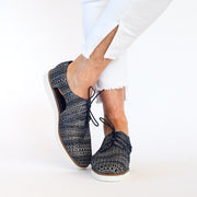 Model wearing Bresley Michel Navy Mix shoes for long feet. Size 45 shoes