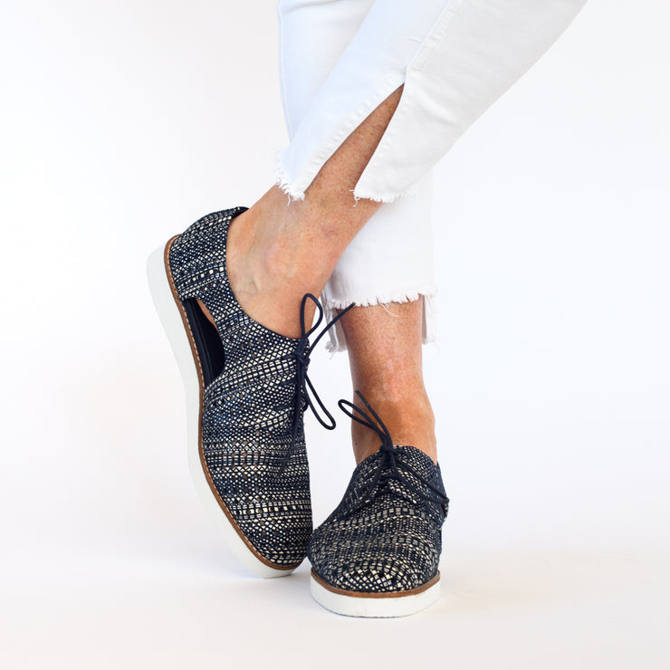 Model wearing Bresley Michel Navy Mix shoes for long feet. Size 45 shoes