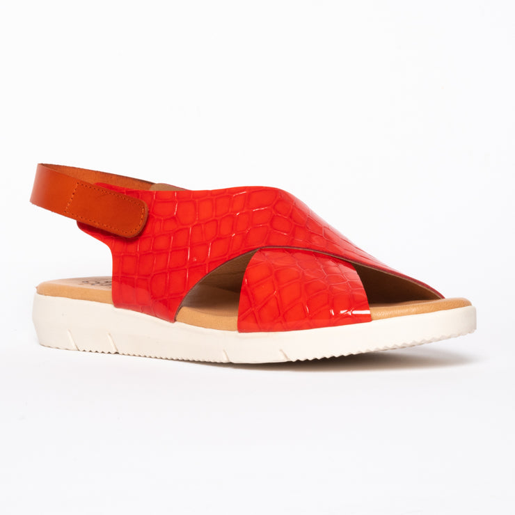 Rosa Orange Patent Croc Print front. Size 11 women's sandals