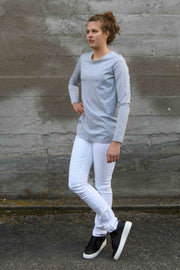 Tall model wearing Penny Tee in Grey Marle with Aspen Y jeans in White