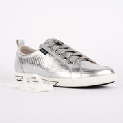 Frankie4 Ellie IV Silver Lizard Sneaker front with laces. Size 12 womens shoes