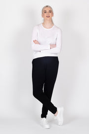 Tall model wearing Freida Pants Black, front 2
