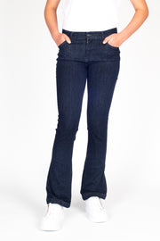 Tall model wearing Fallon Jeans Blue, front