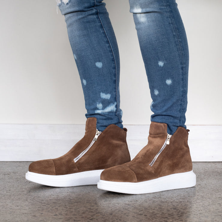 Model wearing Babouche Lifestyle Reid Cognac Suede Ankle Boots. Size 42 womens boots