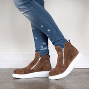 Model in Babouche Lifestyle Reid Cognac Suede Ankle Boots. Size 42 womens boots