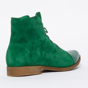 Django and Juliette Kingfish Dark Emerald Suede Ankle Boot back. Size 44 women's boots