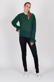 Tall model wearing Amelia Top Forest, front