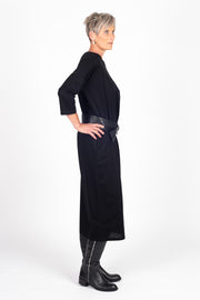 Tall model wearing Lulu Dress Black, side with belt