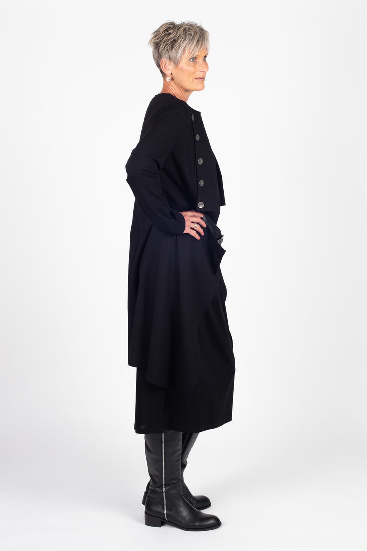 Tall model wearing X Lab Coat Black, side