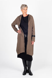 Tall model wearing Eau De Vie Coat Oak, front