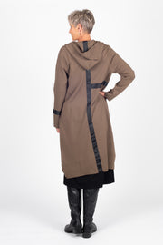 Tall model wearing Eau De Vie Coat Oak, back