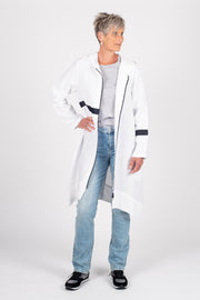 Tall model wearing Linen Coat White, front