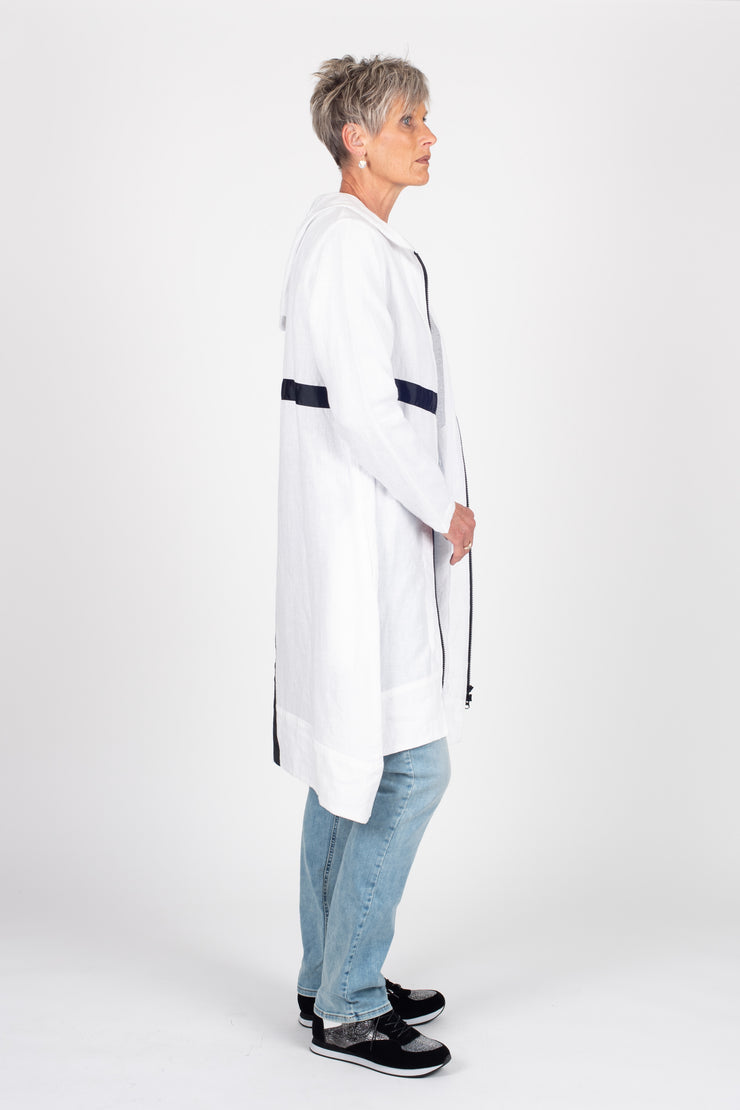 Tall model wearing Linen Coat White, side