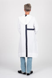 Tall model wearing Linen Coat White, back
