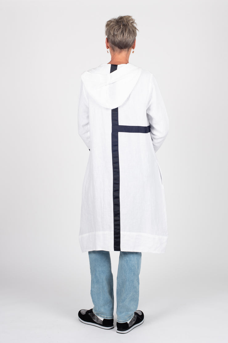 Tall model wearing Linen Coat White, back