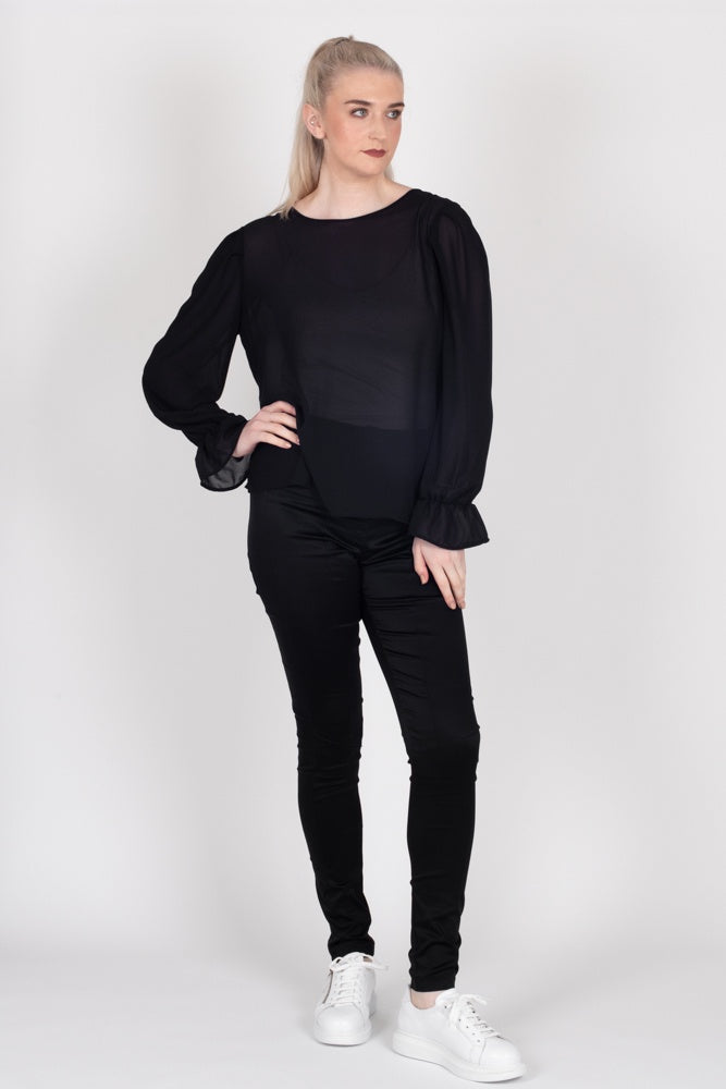 Tall model wearing Amelia Top Black, front
