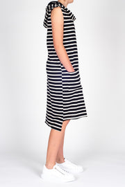 Tall model wearing Boundaries Dress Black Stripe, side