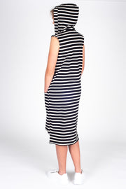 Tall model wearing Boundaries Dress Black Stripe, back hood up