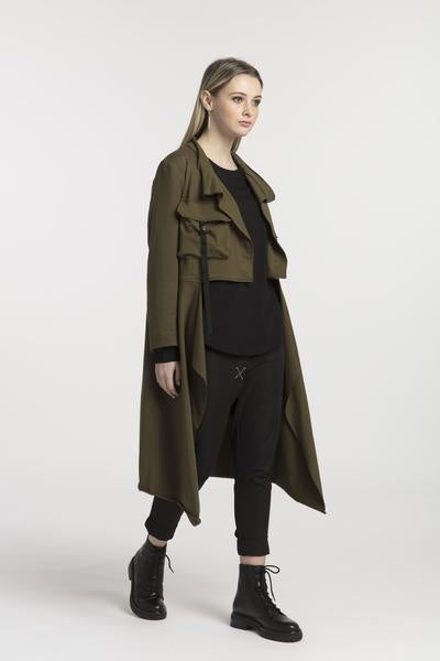 Tall model wearing New Page Coat Olive