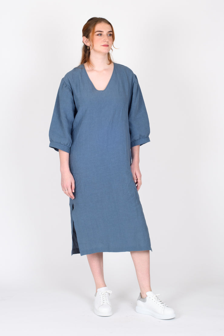 Tall model wearing Begin Dress Denim for tall women