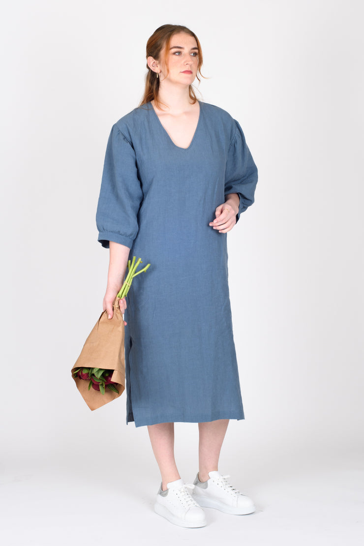 Tall model with flowers in Begin Dress Denim for tall women