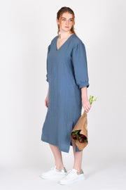 Tall model with flowers wearing Begin Dress Denim for tall women