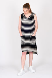 Tall model in Boundaries Dress Black Strip for tall women