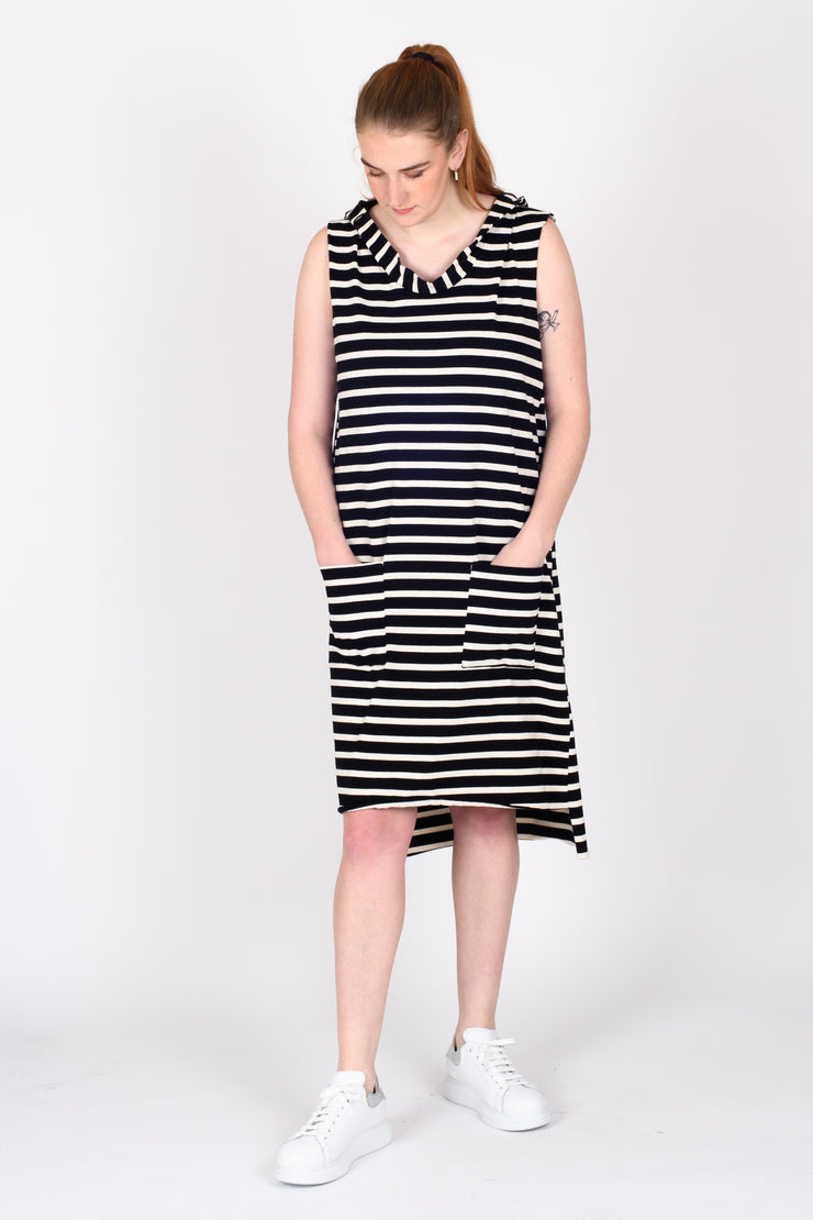 Tall model in Boundaries Dress Black Strip for tall women