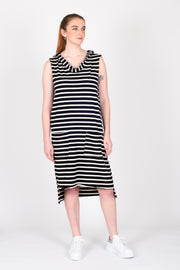 Tall model wearing Boundaries Dress Black Strip for tall women