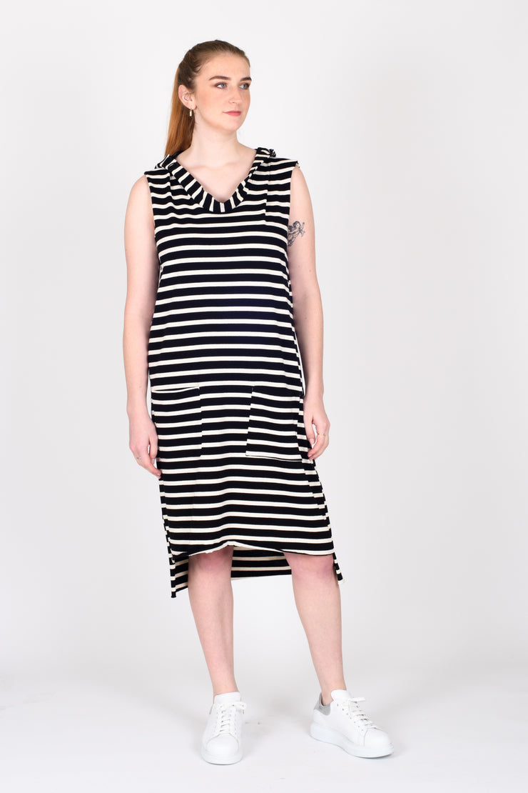 Tall model wearing Boundaries Dress Black Strip for tall women