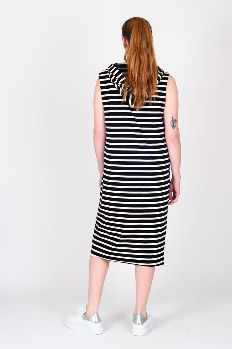 Back view of tall model wearing Boundaries Dress Black Strip for tall women