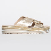 Django and Juliette Acton Pale Gold sandal side. Size 42 womens shoes