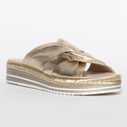 Django and Juliette Acton Pale Gold sandal front. Size 43 womens shoes