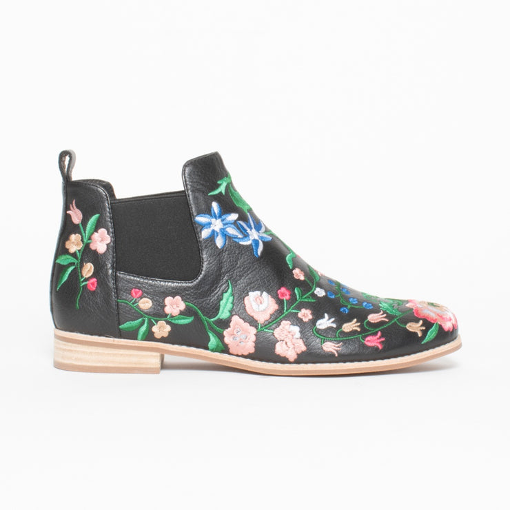 Django and Juliette Arturi Black Floral Ankle Boot side. Size 42 womens shoes