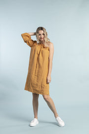 Woman modelling Asymetric sleeve dress masala for tall women