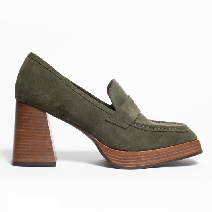 Tamara London Burdy Olive Suede Loafer Shoe side. Size 42 womens shoes