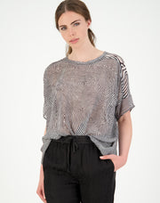 Model wearing Panel Breezy Top Chromatic Print for tall women. Clothes for tall women