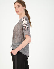 Side view of model wearing Panel Breezy Top Chromatic Print for tall women. Clothes for tall women